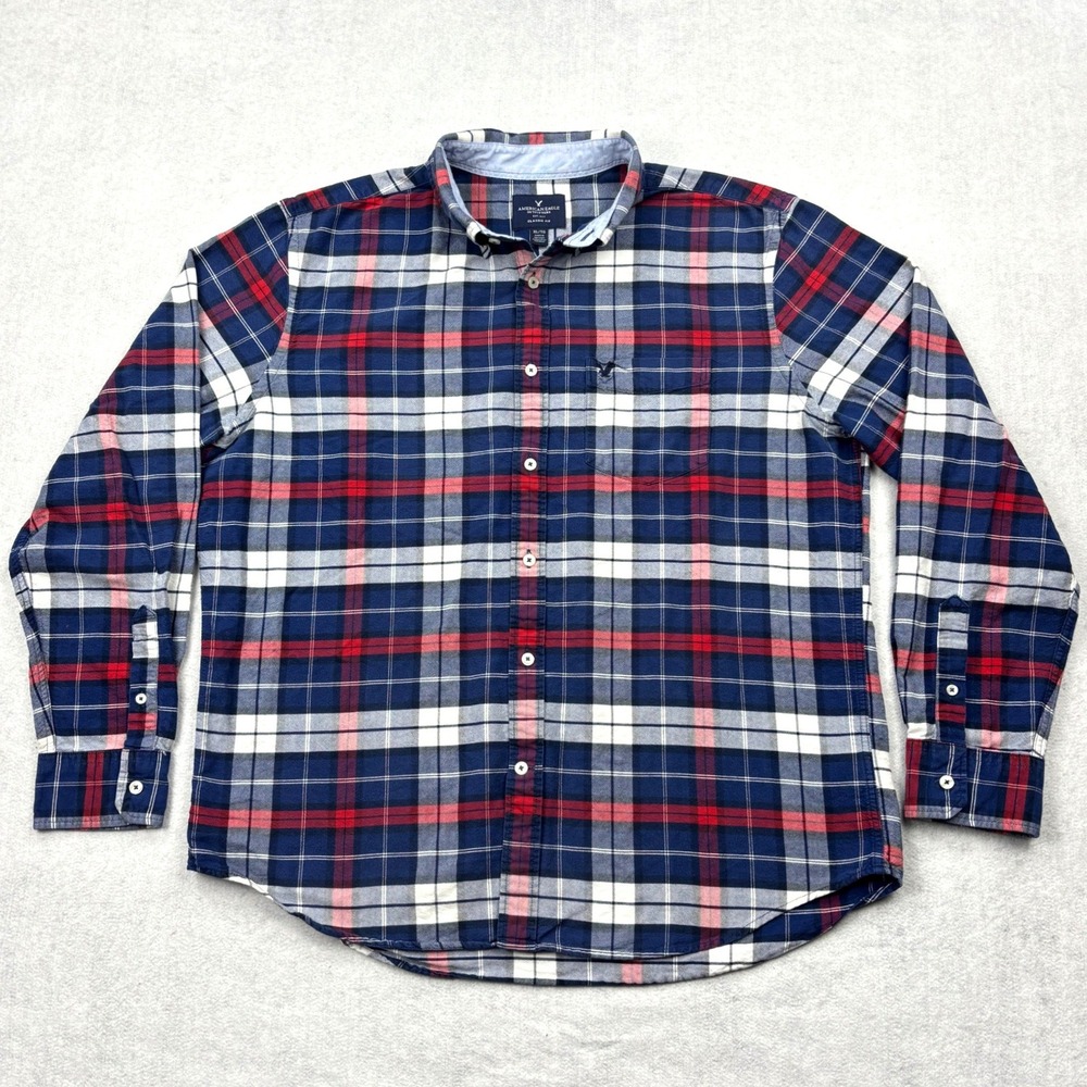 American Eagle Mens XL Blue Red Plaid Classic Fit Cotton Button Down Shirt XL